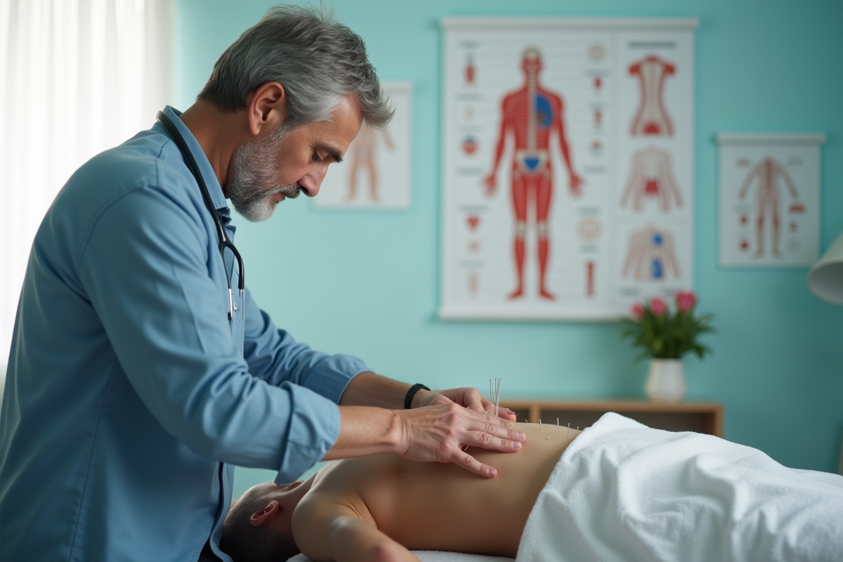 Praticien en acupuncture appliquant des aiguilles sur le dos d