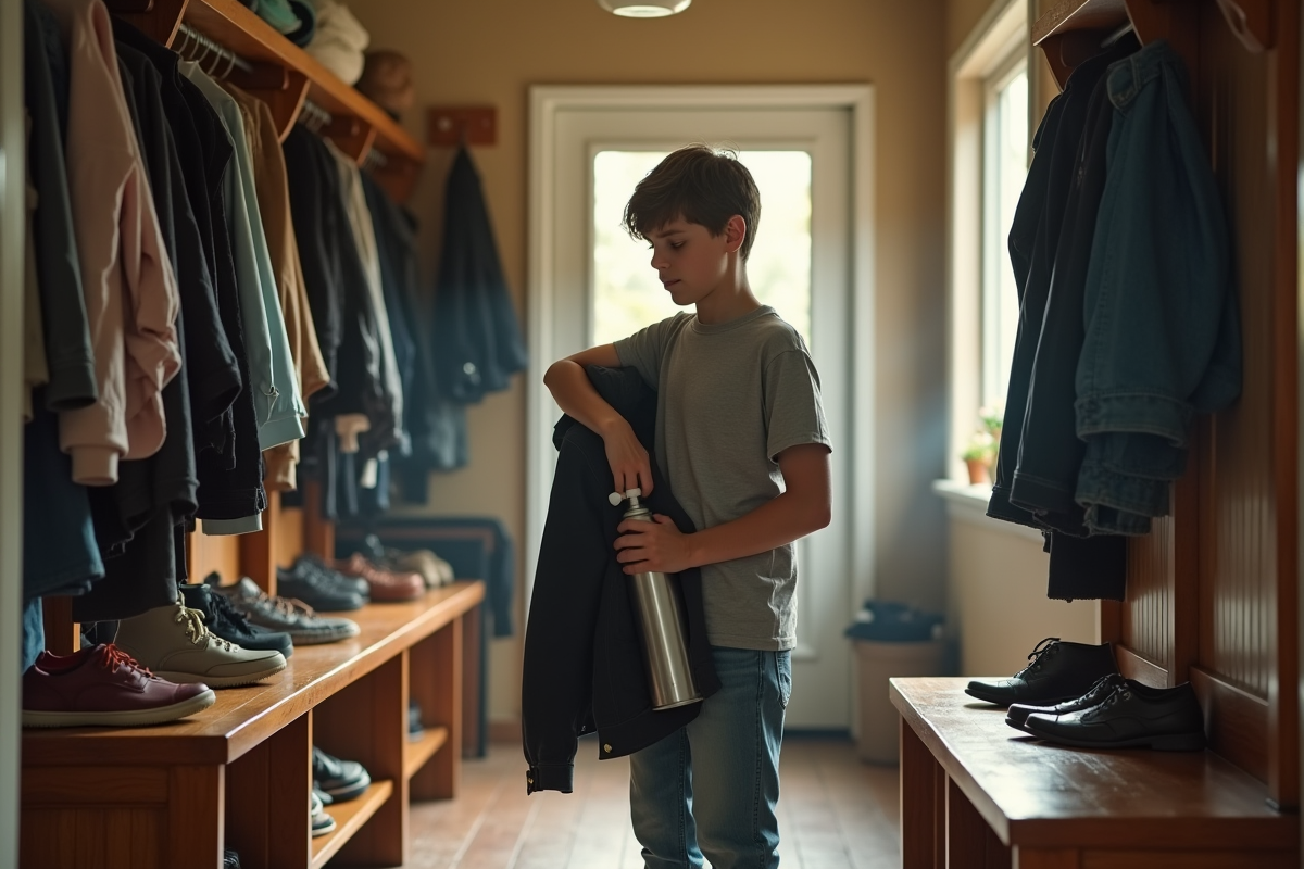 Adolescent vaporise un blouson vintage dans un mudroom lumineux