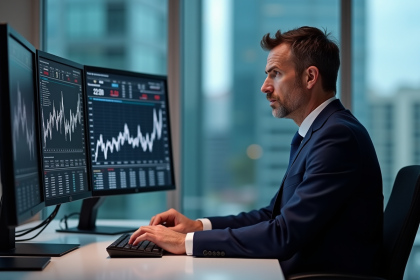 Analyste financier en costume dans un bureau moderne