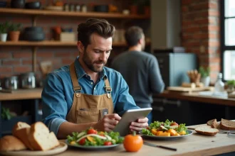 Artisan en cuisine regardant un plan repas sur tablette