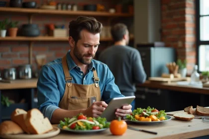 Artisan en cuisine regardant un plan repas sur tablette
