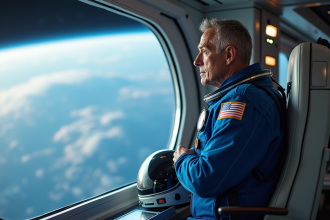 Astronaute regardant par une grande fenetre dans la station spatiale