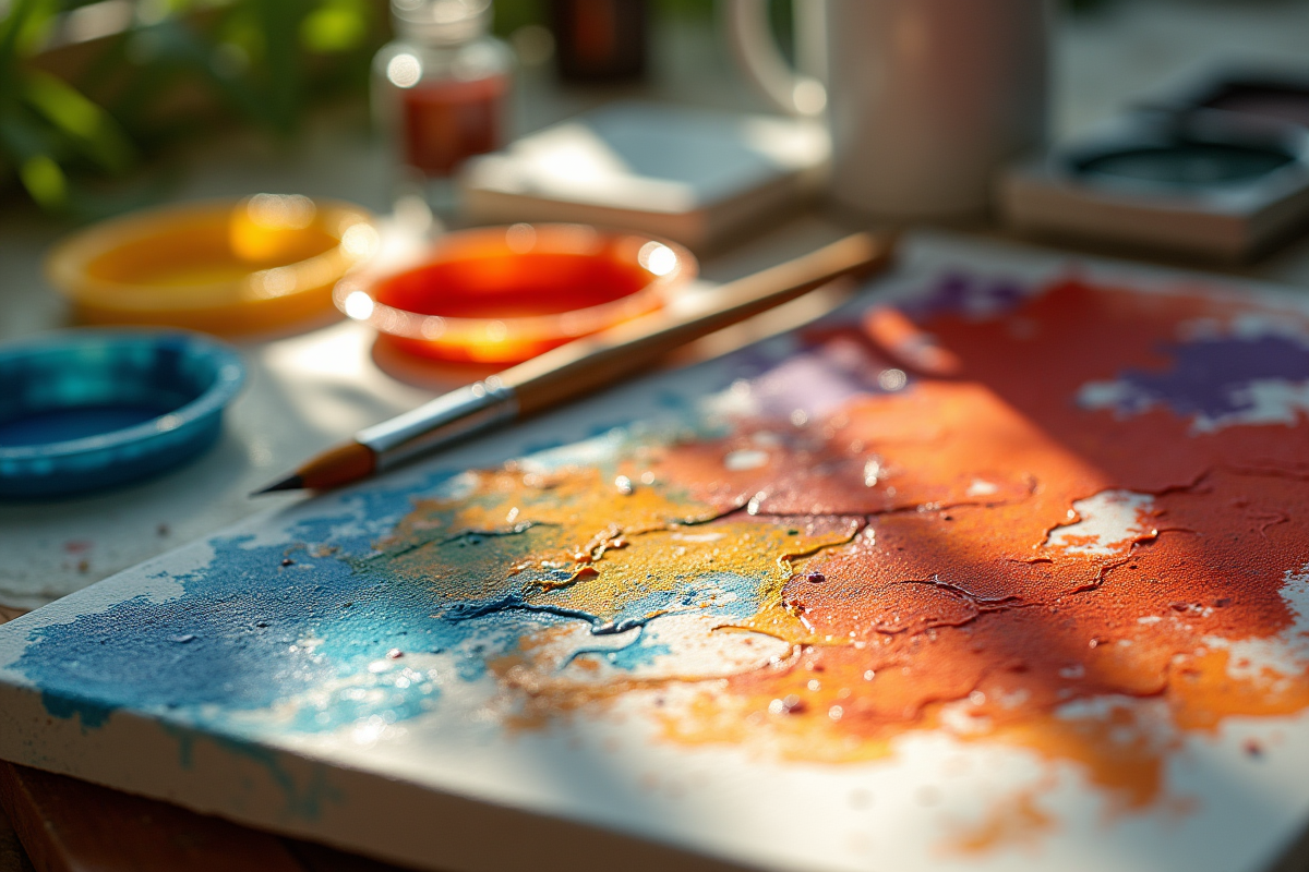 Atelier d artiste avec peintures écologiques et toile abstraite