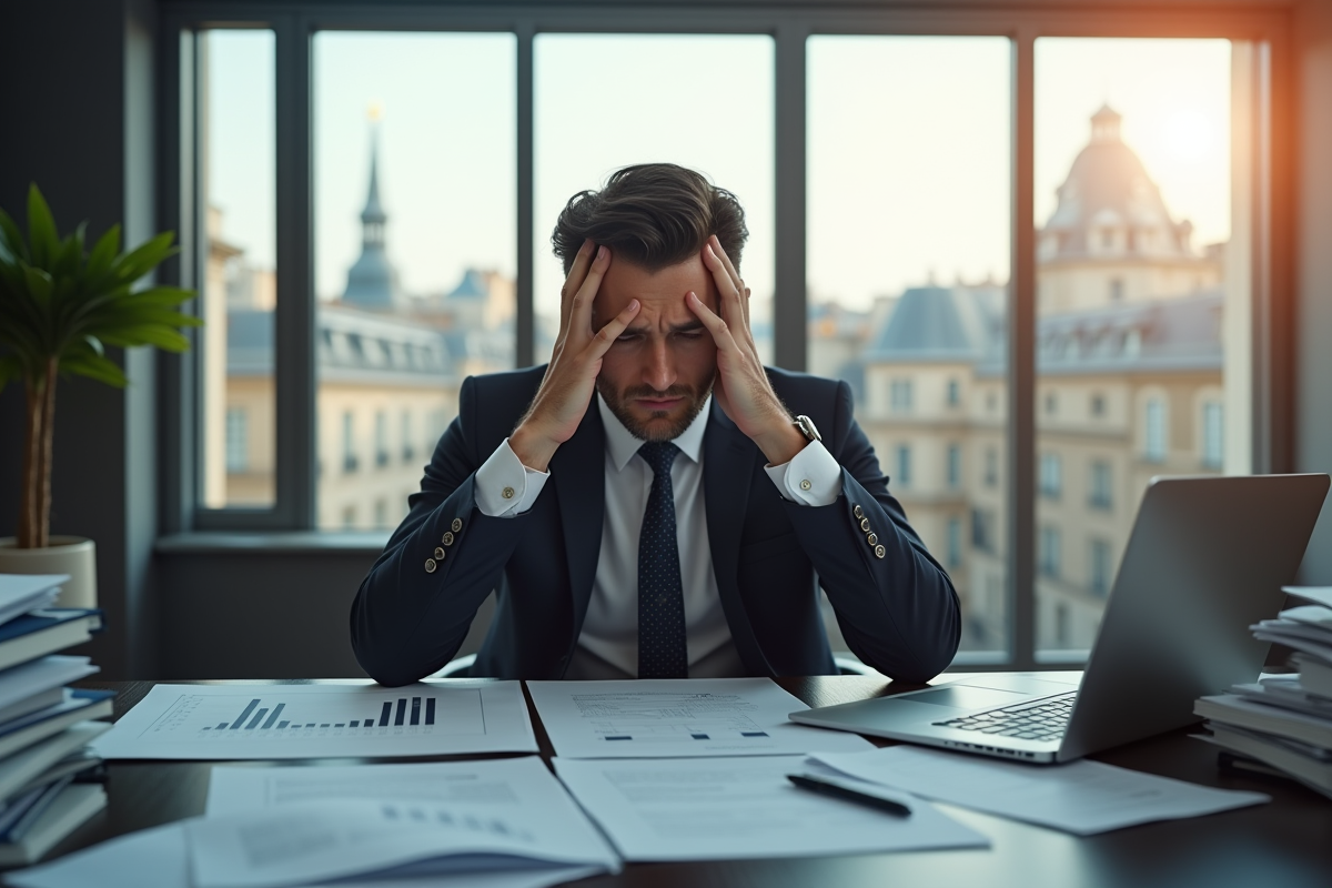 Banquier inquiet avec documents et graphique en déclin