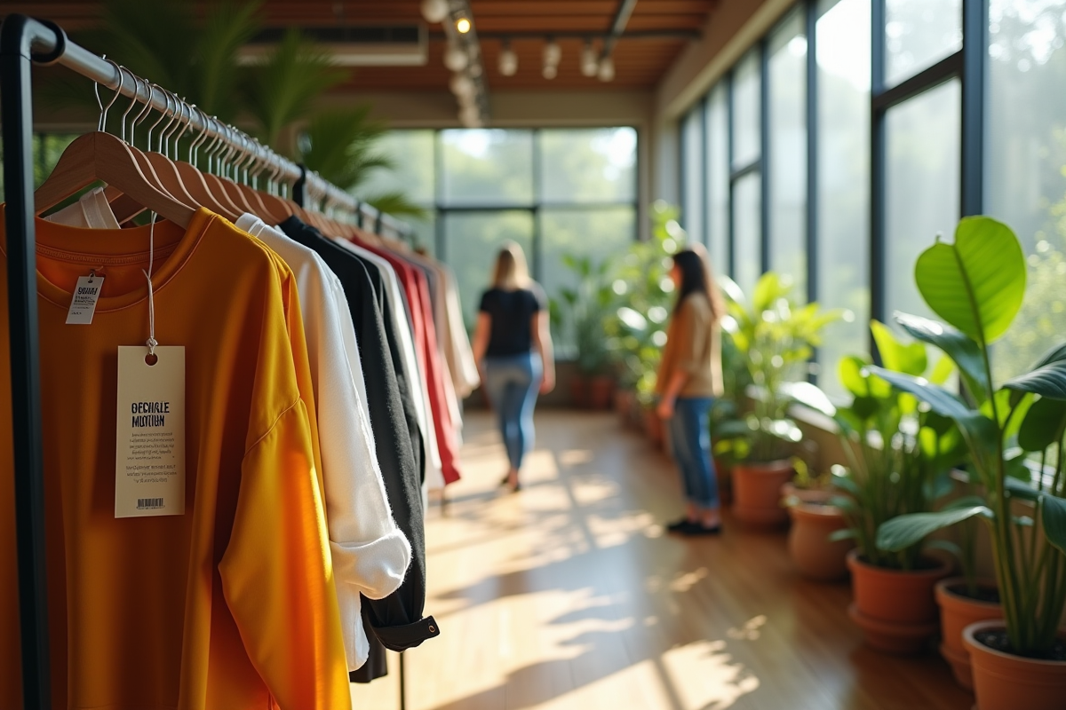 Magasin de vêtements écoresponsables avec des clients et des plantes