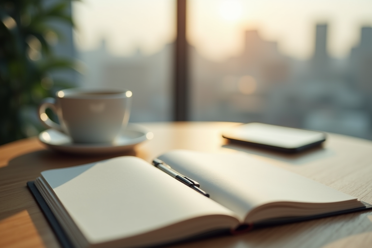 Carnet ouvert avec cafe et smartphone sur une table en matinée