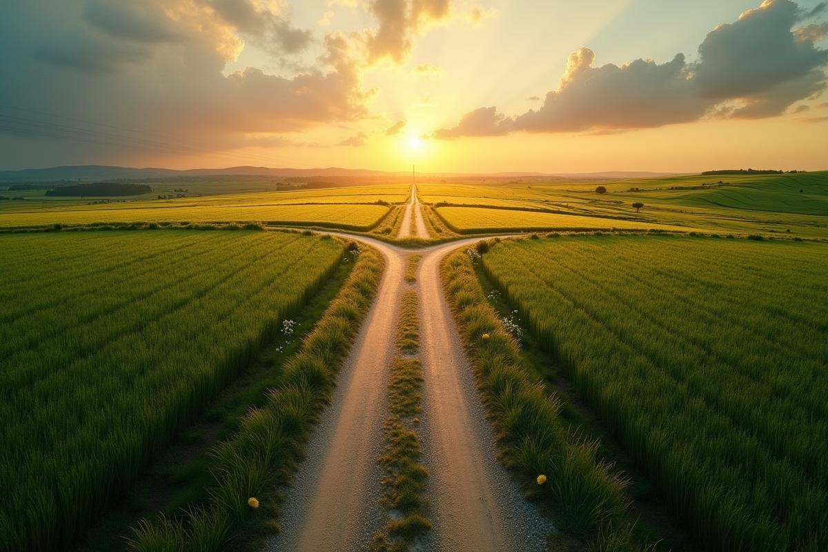 Carrefour vu du ciel avec quatre chemins divergents dans la nature