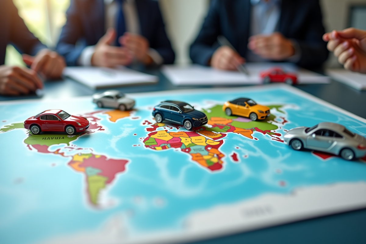 Carte du monde avec voitures miniatures sur les pays leaders en ventes auto