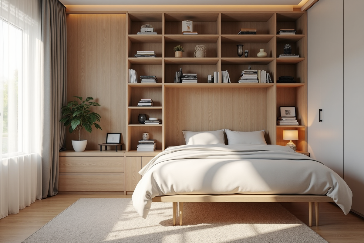 Chambre moderne avec lit escamotable et coin lecture cosy