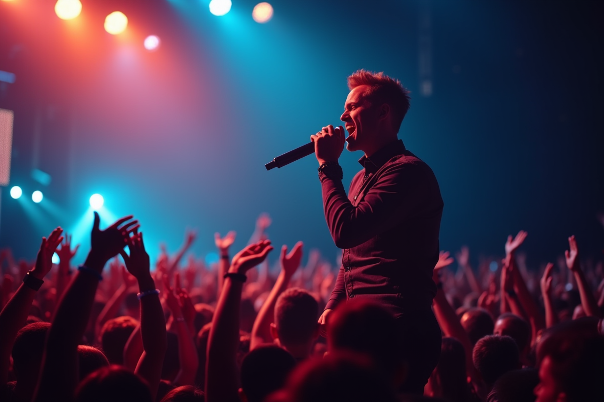Chanteur solo sous projecteur avec public enthousiaste