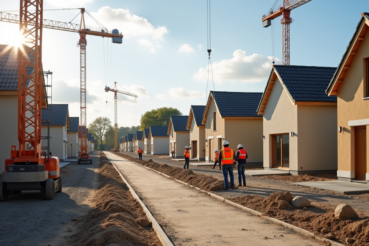 Chantier de construction de maisons en France avec ouvriers et grues