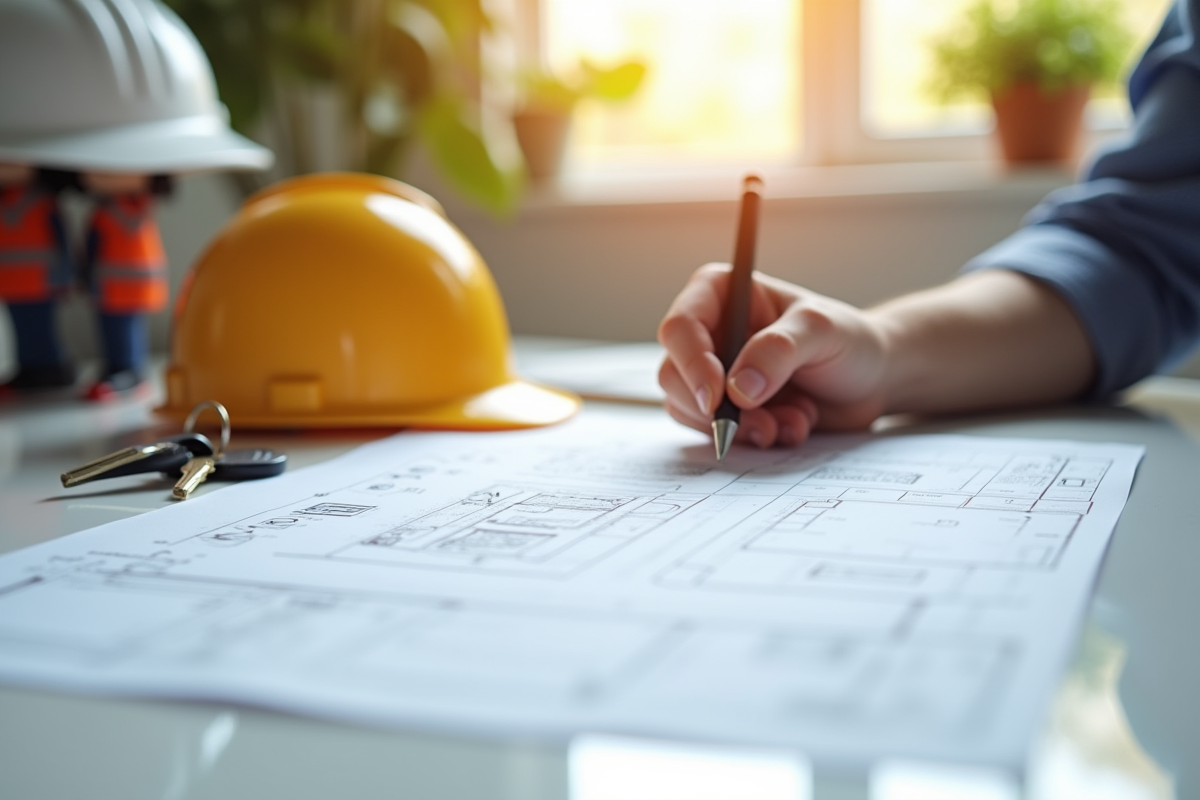 Checklist et plans architecturaux sur un bureau avec casque et clés