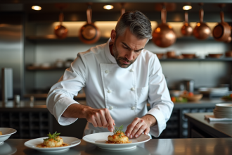 Chef en cuisine moderne en train de dresser un plat gourmet