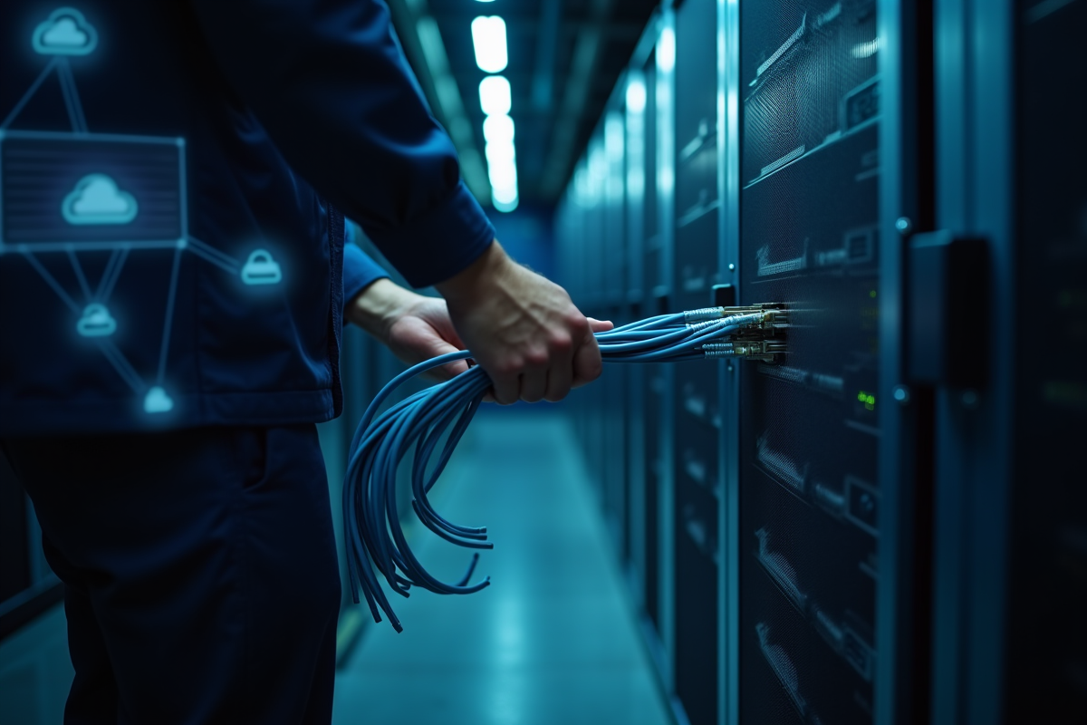 Main connectant câbles réseau à un serveur dans un centre de données lumineux
