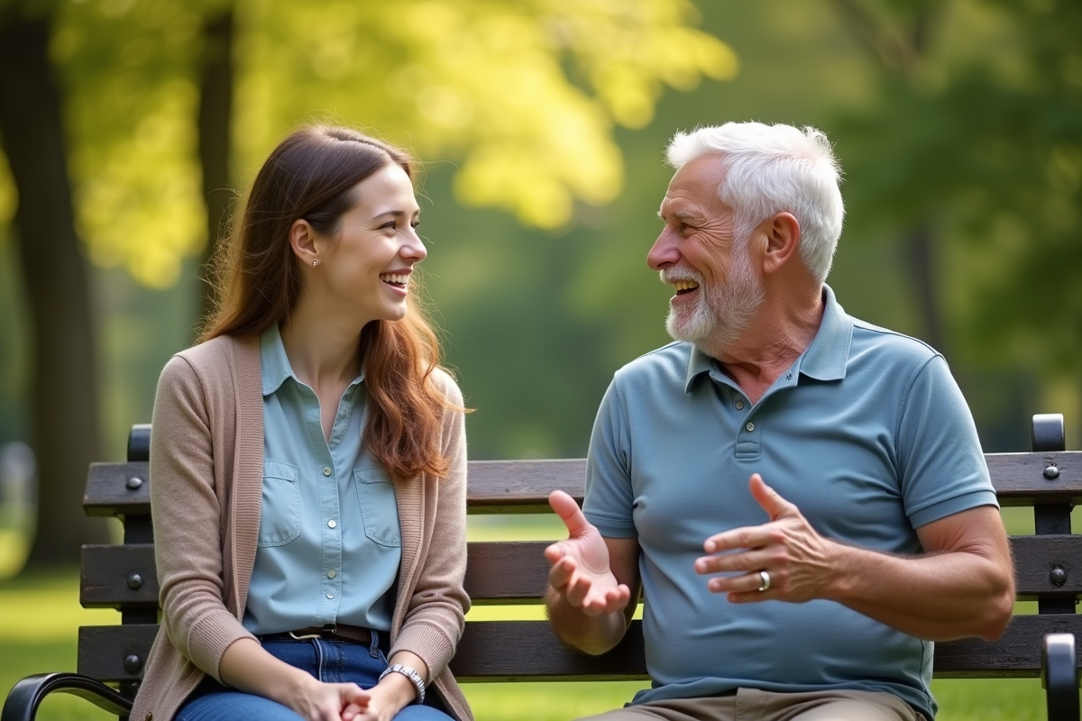 Jeune femme et homme âgé discutant dans un parc ensoleille