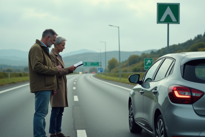 Couple fran&ccedil;ais examine un ticket de p&eacute;age sur l'autoroute
