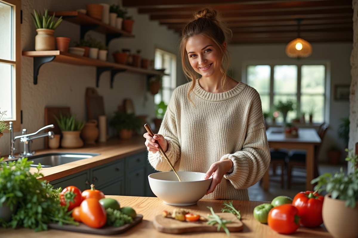 Jeune femme préparant un repas dans une cuisine rustique chaleureuse
