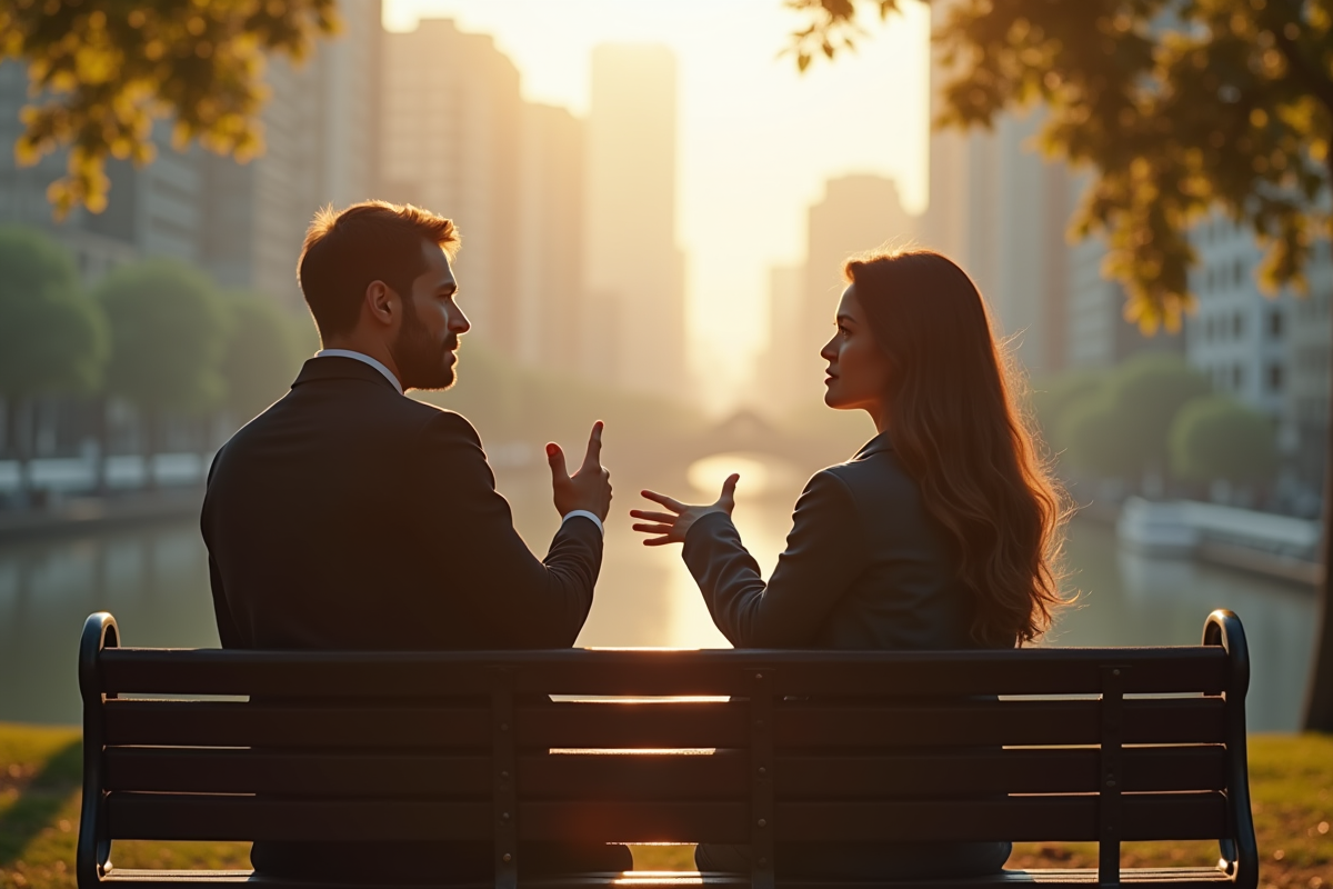 Deux personnes discutant sur un banc dans un parc urbain