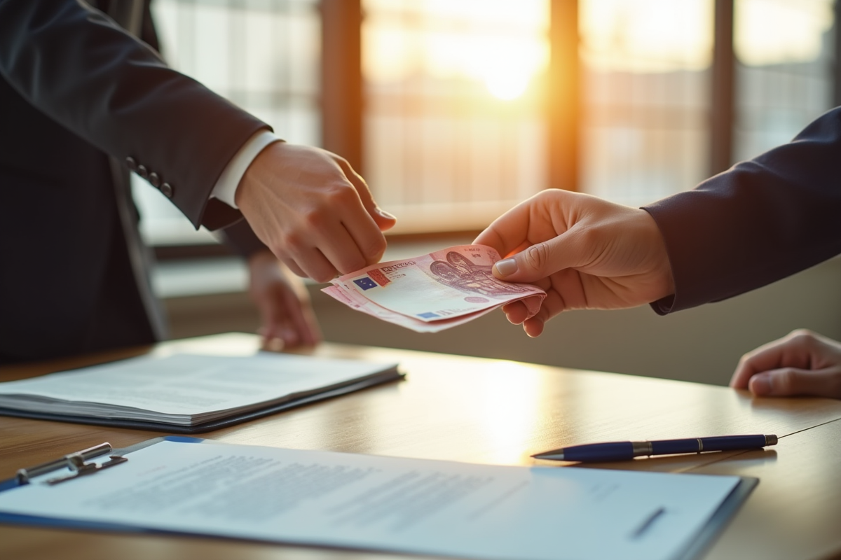 Main échangeant des billets d euros sur une table ensoleillée