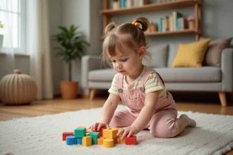 Petite fille en salopette pastel joue avec des blocs en bois