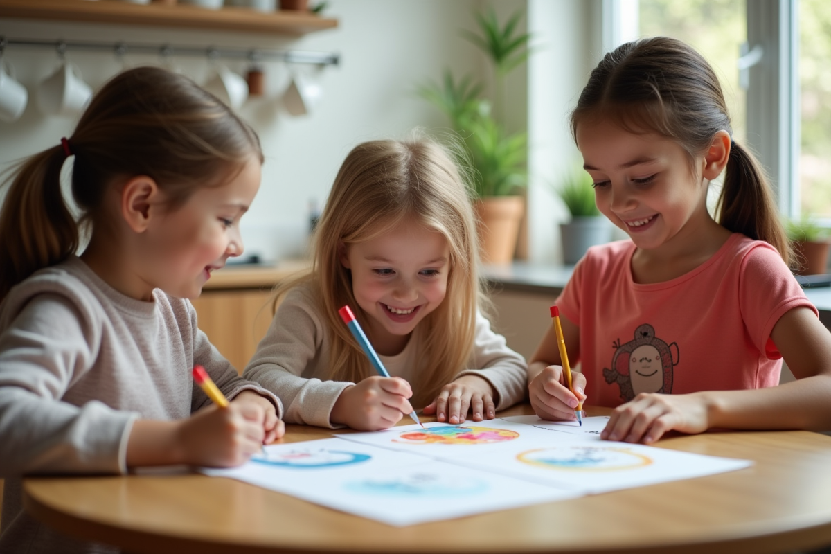 Trois enfants dessinent des messages dans la cuisine