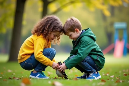 Deux enfants soignent un oiseau blessé dans un parc