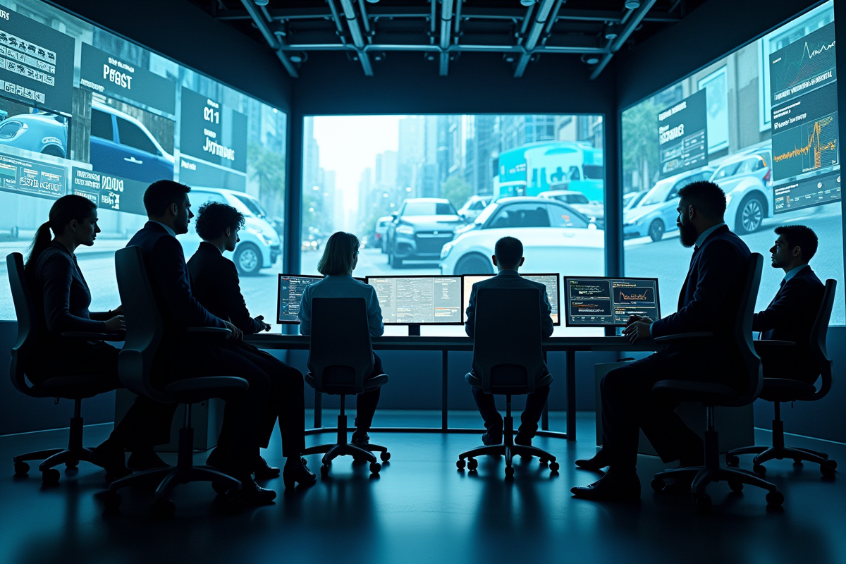 Ingénieurs analysant des données en salle de contrôle hightech