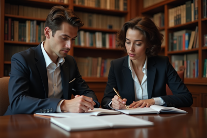 Groupe d etudiants en droit dans une biblioth&egrave;que