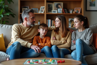 Famille melangee dans un salon cosy avec parents et enfants