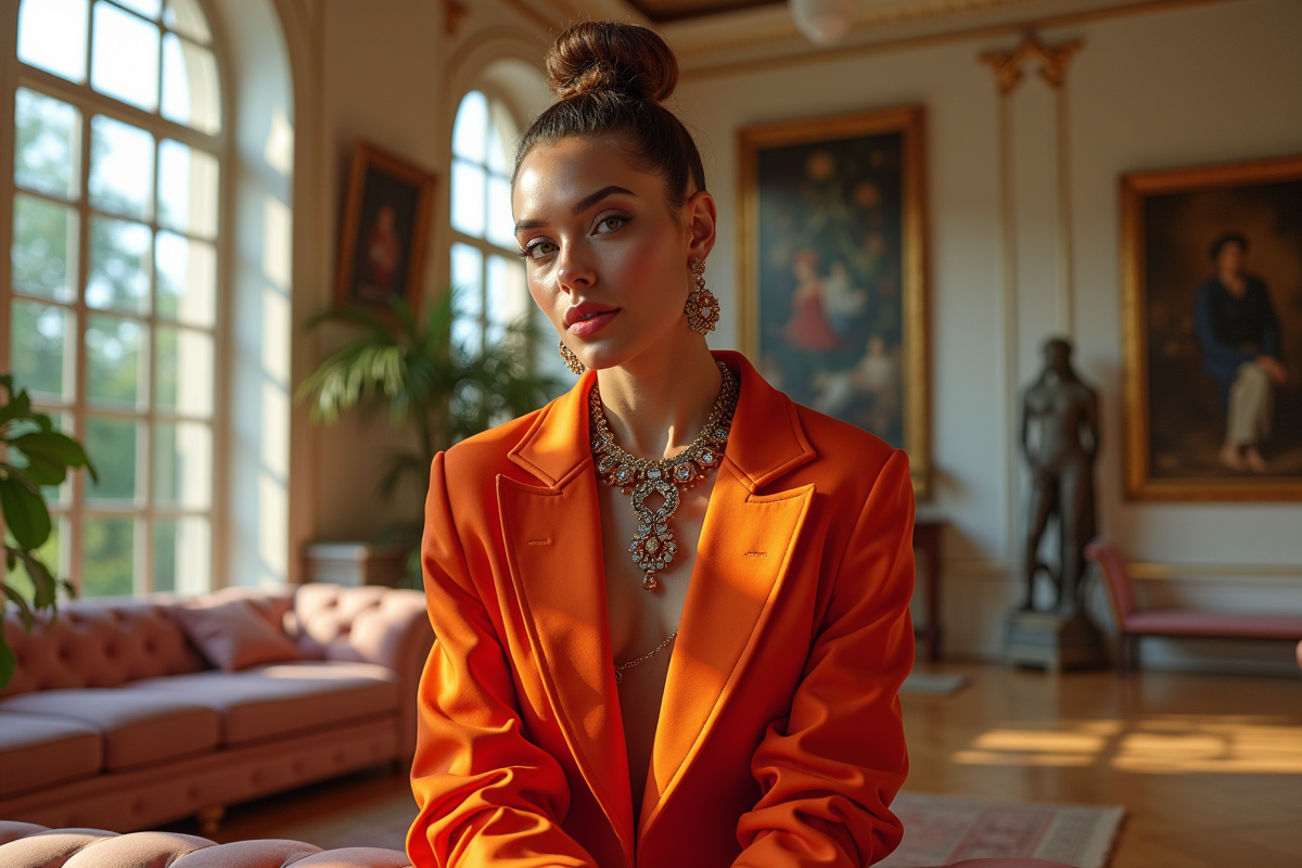 Femme en haute couture dans une galerie d