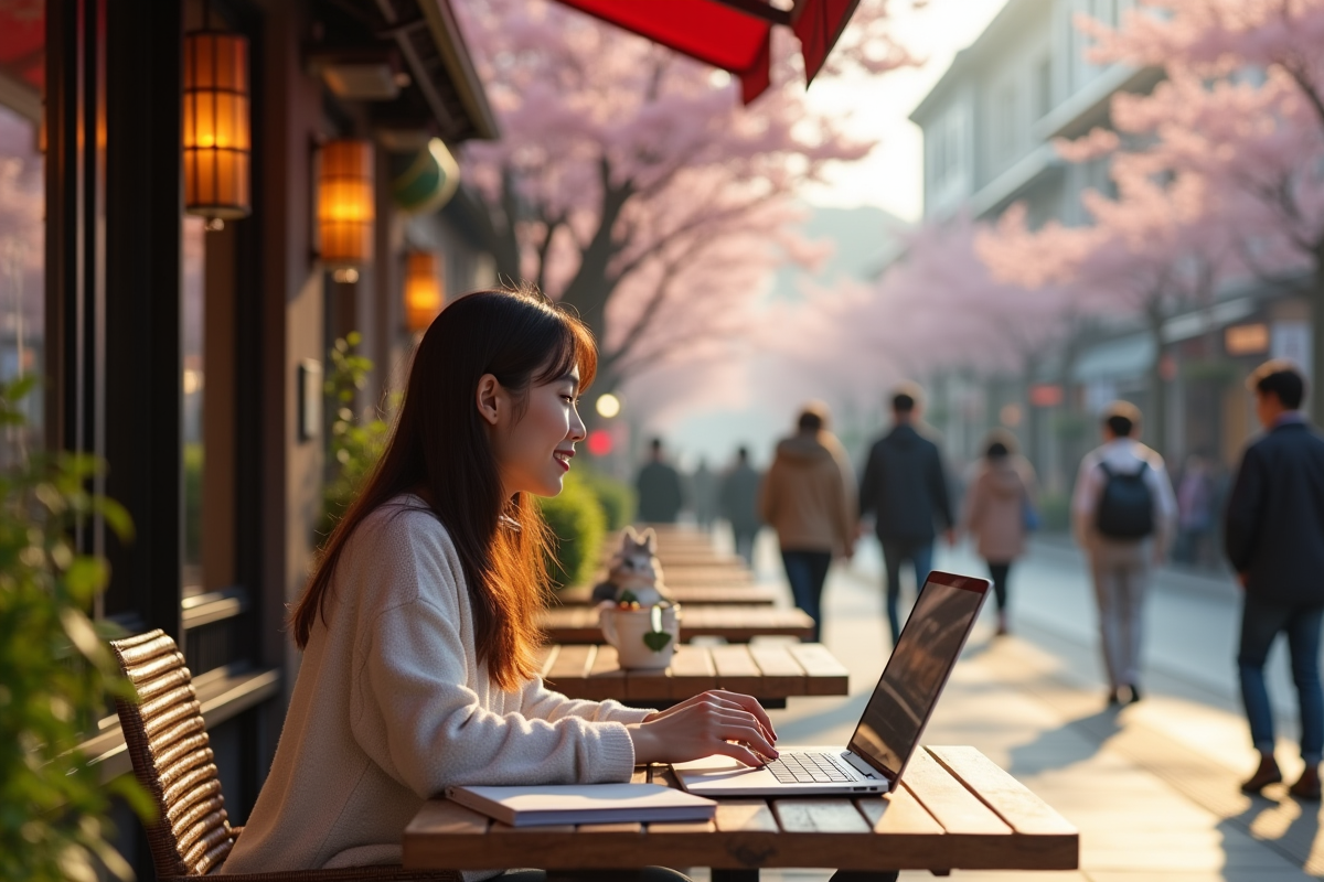 Femme relaxant dans un café japonais en ville