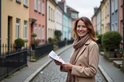 Femme souriante tenant brochure immobiliere dans rue pav&eacute;e