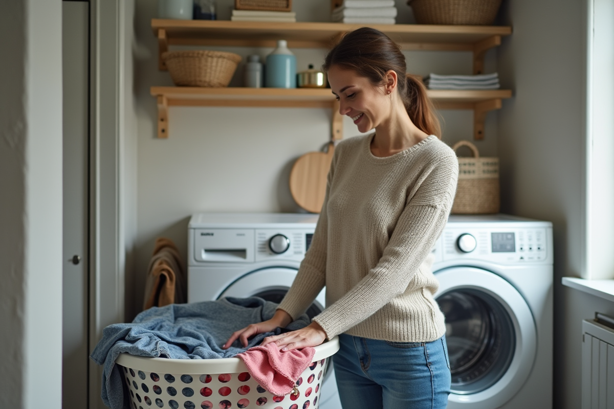 Femme plie un t-shirt coloré dans une buanderie moderne