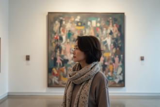 Femme devant une peinture abstraite dans un musée d'art moderne