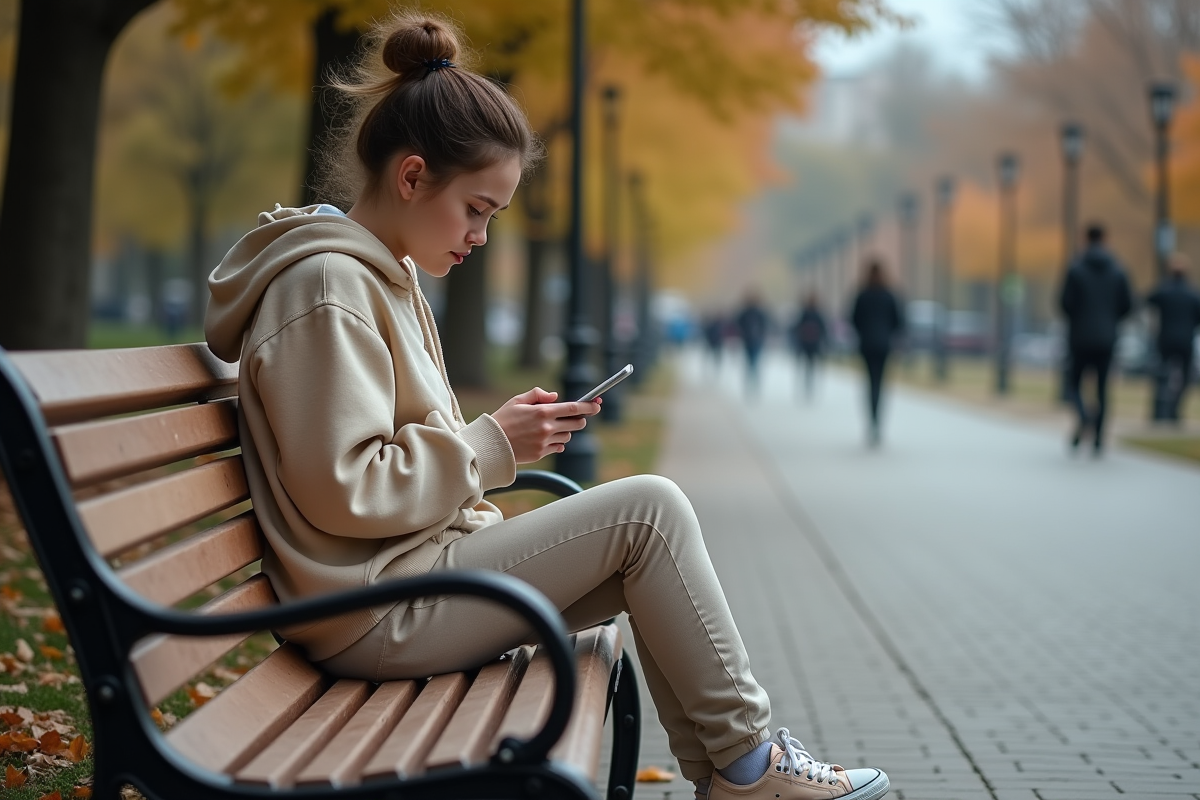 Jeune femme assise sur un banc dans un parc avec téléphone