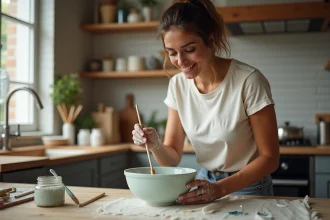 Femme en t-shirt coton mélangeant peinture maison dans un bol