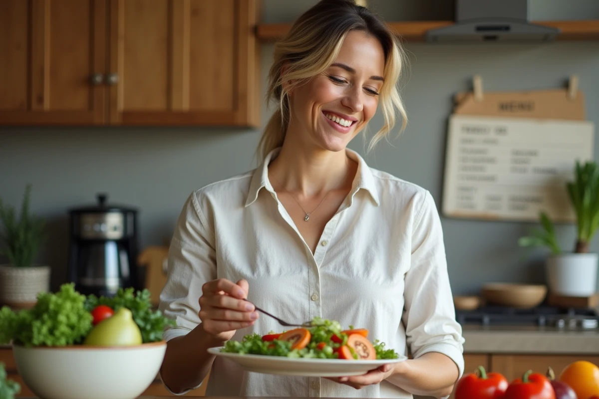 Femme artisan en cuisine dressant un plat sain et gourmand