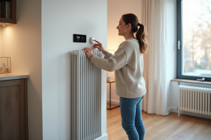 Femme ajustant un radiateur moderne dans un salon cosy