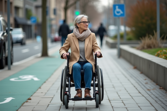 Femme en fauteuil roulant sur trottoir urbain accessible