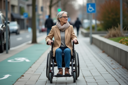 Femme en fauteuil roulant sur trottoir urbain accessible