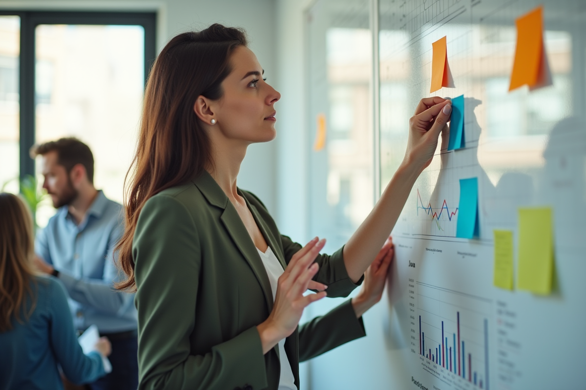 femme concentrée organisant des notes et graphiques