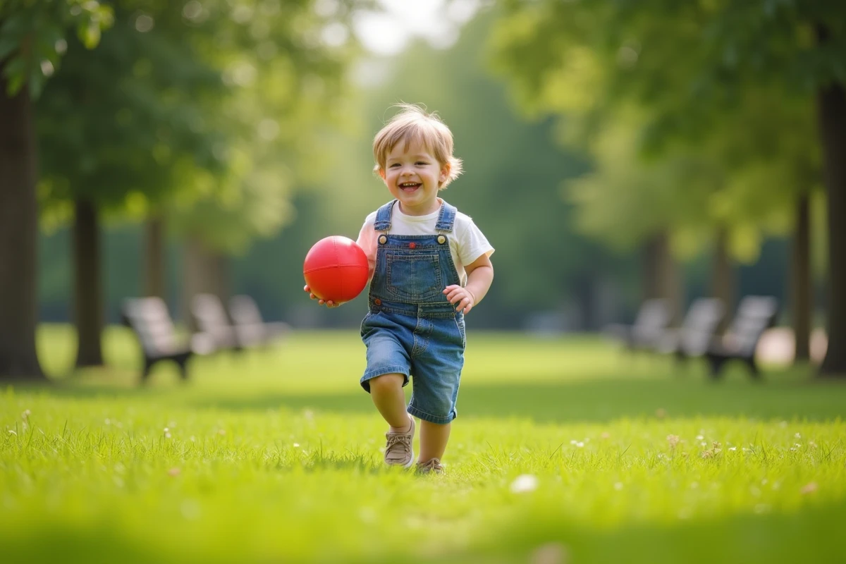 Garçon courant dans un parc verdoyant avec un ballon rouge