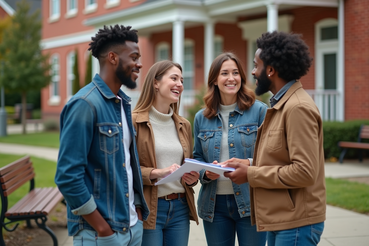 Groupe diversifié discutant devant un bâtiment communautaire