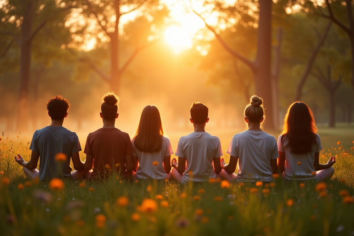Groupe de personnes méditant dans un parc au lever du soleil