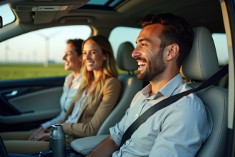 Trois personnes souriantes dans une voiture moderne écologique