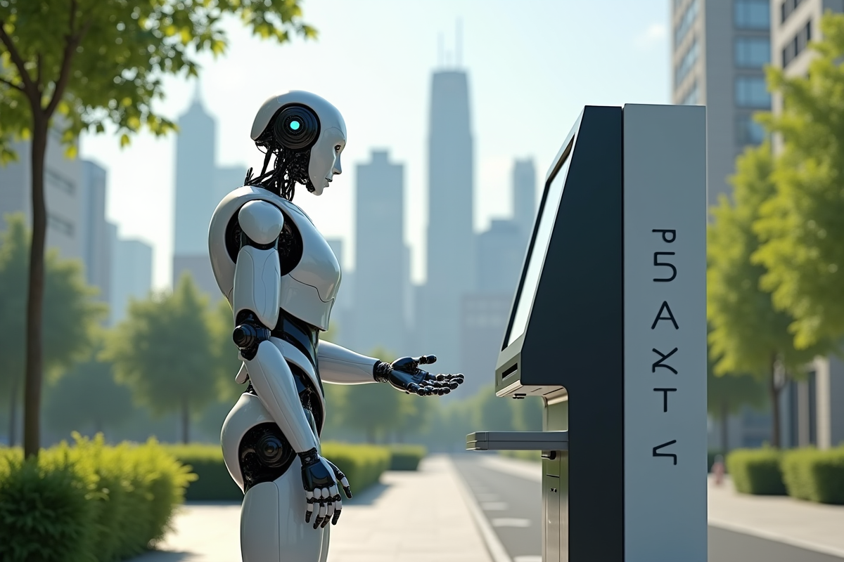 Robot bancaire aidant un client à un distributeur solaire en ville