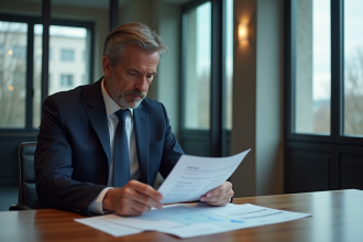 Homme d'affaires en costume analysant des documents financiers
