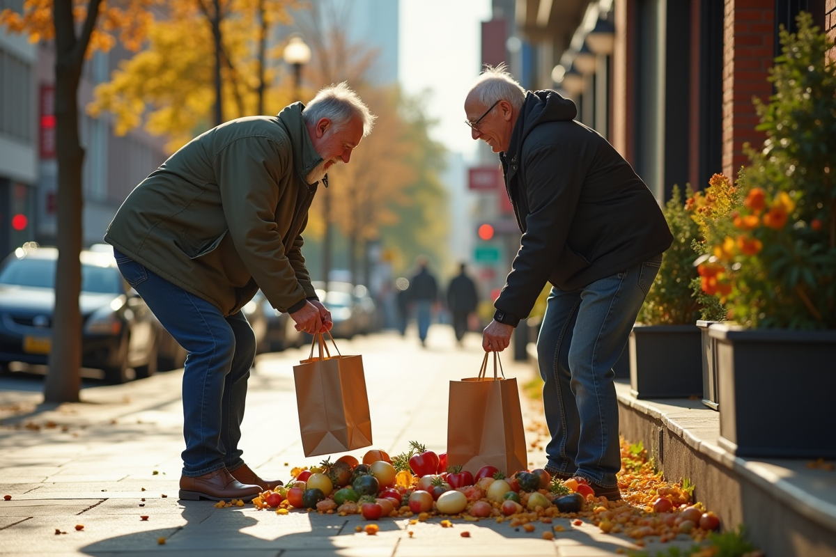 Homme aidant une personne à ramasser des courses dans la rue