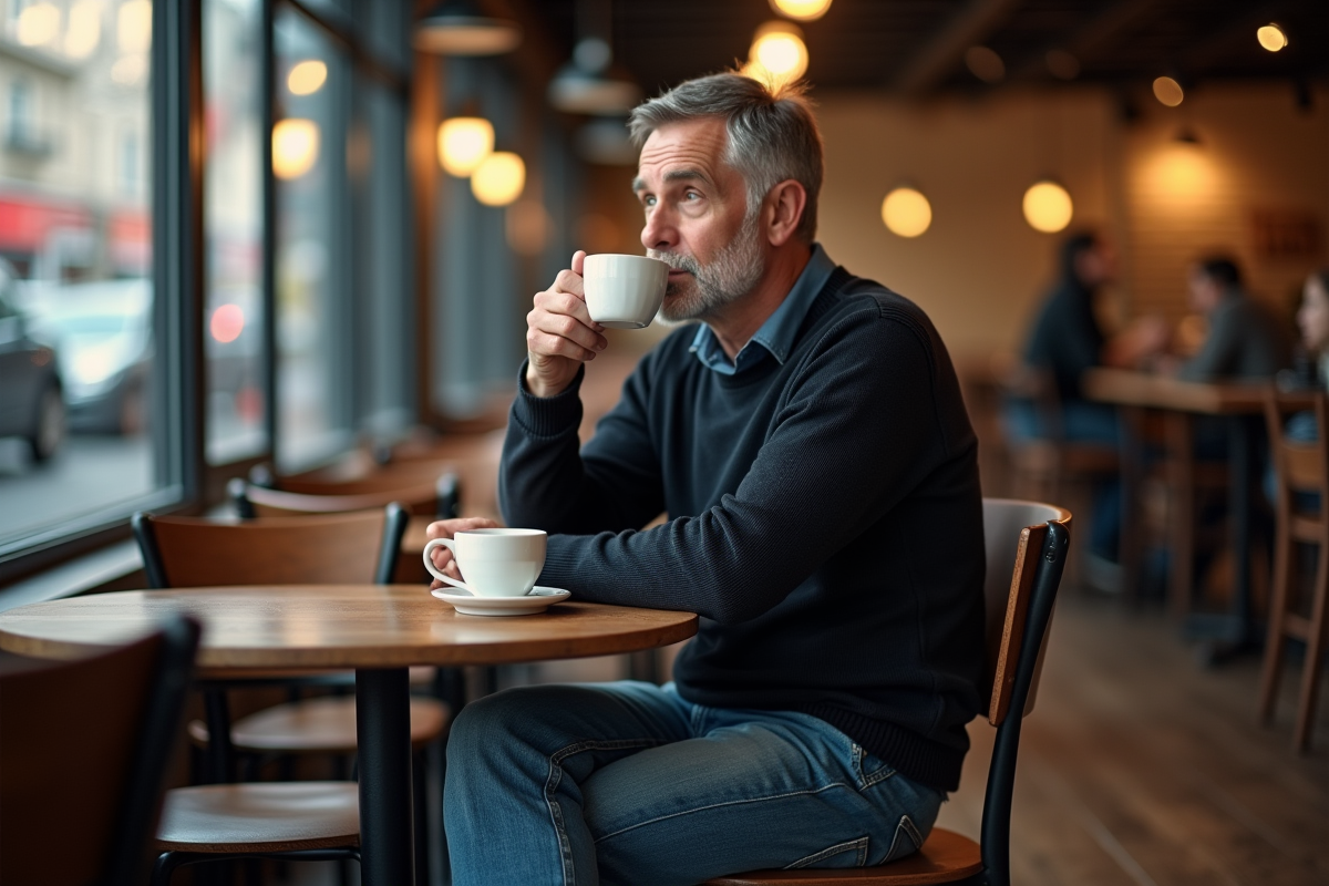 Homme d'âge moyen seul au café avec tasse de café