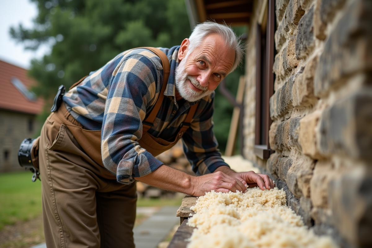 Homme appliquant de la laine naturelle sur une maison rurale